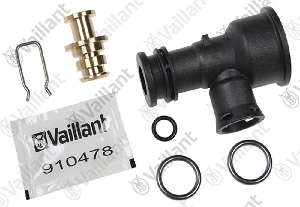 Zubehör von Vaillant bestehend aus Adapter, Metallstück, Feder, Dichtungsringen und einer Verpackung mit Artikelnummer.